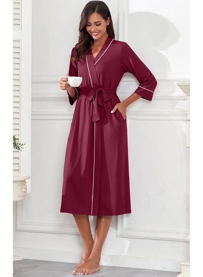 PrinStory Womens Robe Long Kint Bathrobe Lightweight Soft Robes Ladies Bath Robe Wine Red-M - Image 3