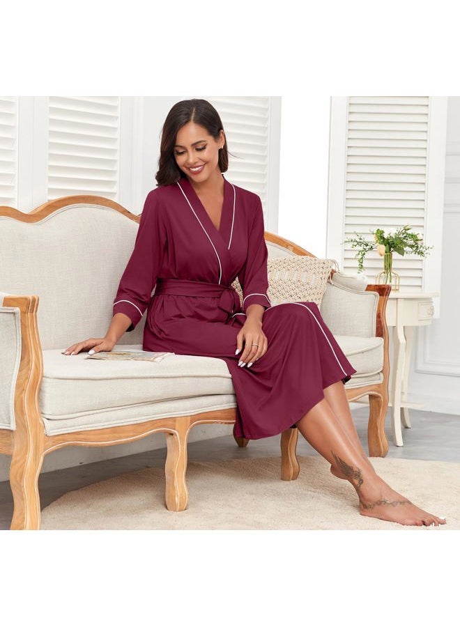 PrinStory Womens Robe Long Kint Bathrobe Lightweight Soft Robes Ladies Bath Robe Wine Red-M - Image 4