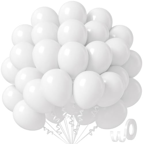Awenztech White Balloons 12 inch, White Latex Balloons 50pcs Party Balloon for Engagement Bachelorette Bridal Shower Wedding Party Birthday Decorations - Image 1