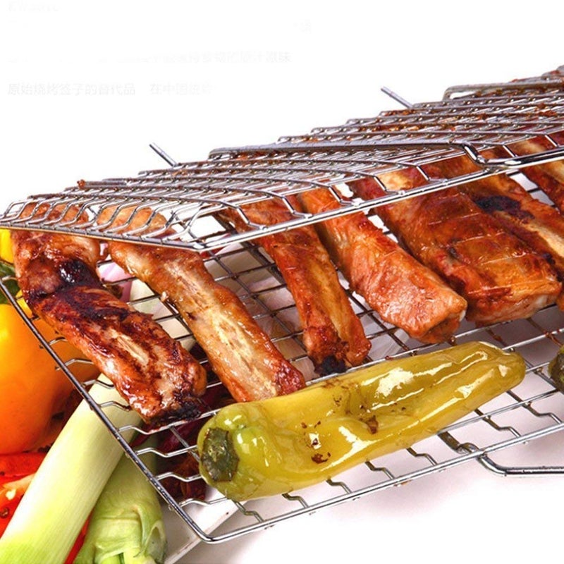 Lexazo Stainless Steel Portable Barbecue BBQ Grill Net Basket Roast Grilling Tray Plated with Wooden Handle - Image 5