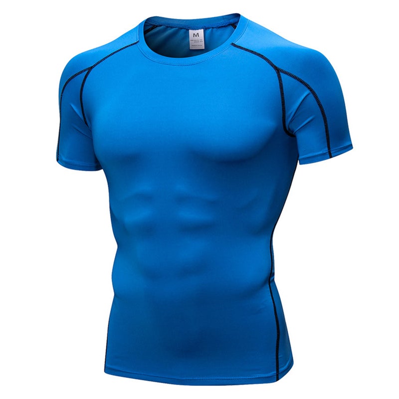 Men's PRO Short Sleeve Fitness Exercise Running Training Clothes Elastic Quick-drying T-shirt Blue M