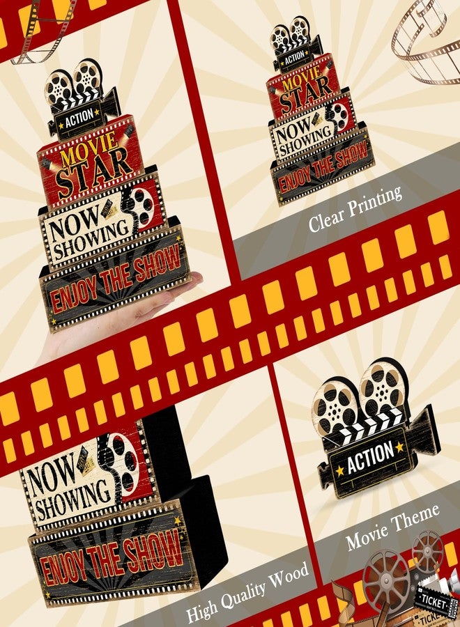 Britimes 4 Pcs Movie Night Table Decor Christmas Tiered Tray Decorations Set Movie Star Stack Block Signs Gift Rustic Farmhouse Tabletop Decor for Table & Home Office - Image 4