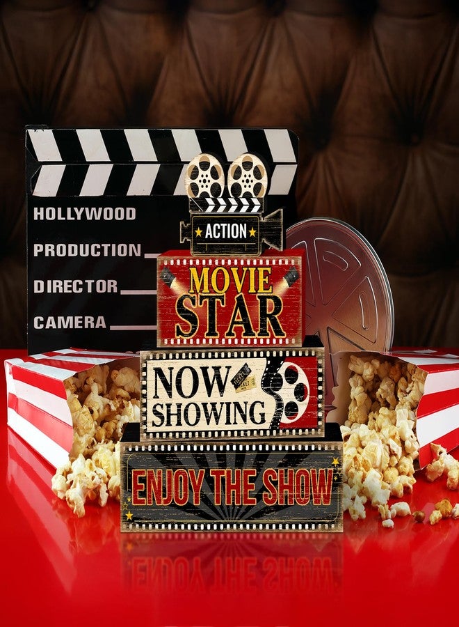 Britimes 4 Pcs Movie Night Table Decor Christmas Tiered Tray Decorations Set Movie Star Stack Block Signs Gift Rustic Farmhouse Tabletop Decor for Table & Home Office - Image 5