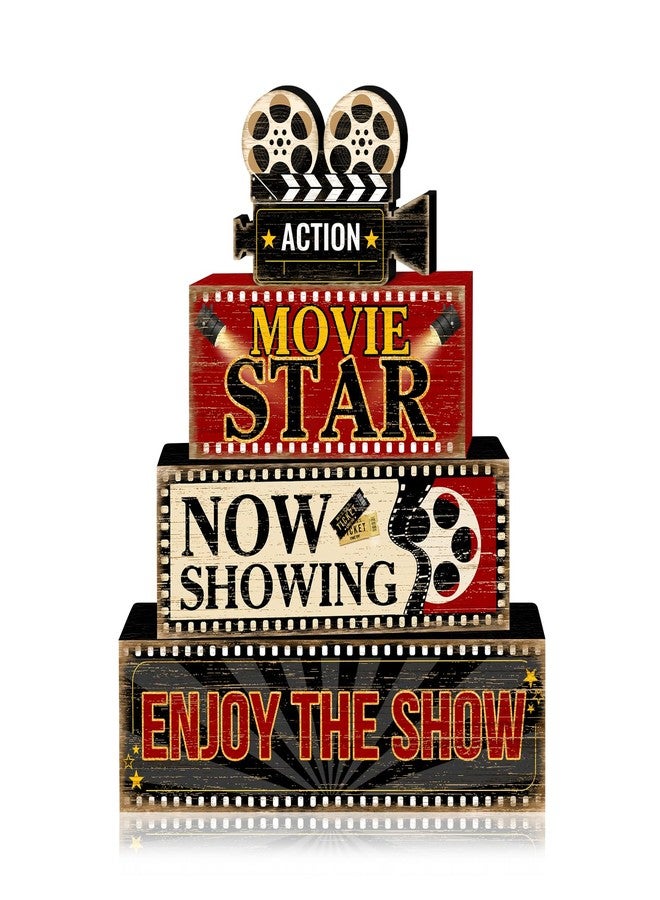 Britimes 4 Pcs Movie Night Table Decor Christmas Tiered Tray Decorations Set Movie Star Stack Block Signs Gift Rustic Farmhouse Tabletop Decor for Table & Home Office - Image 1