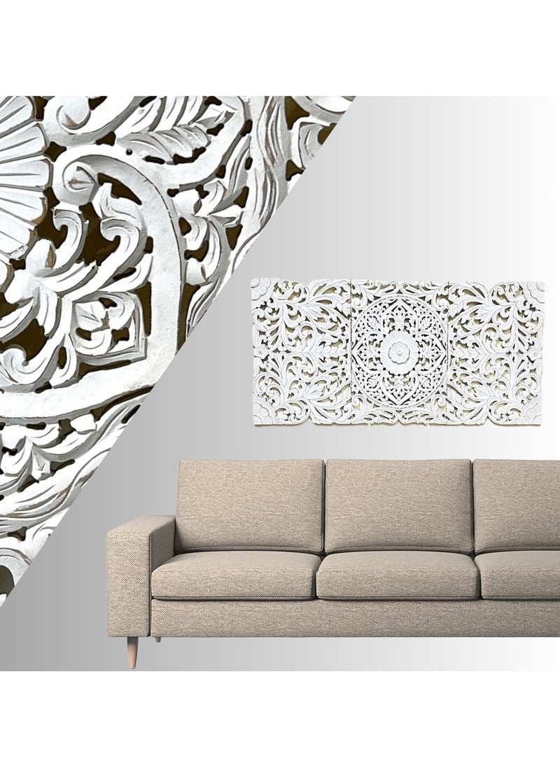 Souq DESIGNS - ديكور حائط - لوحة فنية جدارية على شكل زهور ريفية، لوحات ميدالية ماندالا مكونة من 3 قطع، فن جداري عتيق من خشب إم دي إف، منحوتة تقليدية منحوتة على شكل زهور معلقة لديكور المنزل لغرفة النوم وقاعة الطعام مقاس 120 × 60 سم - Image 1