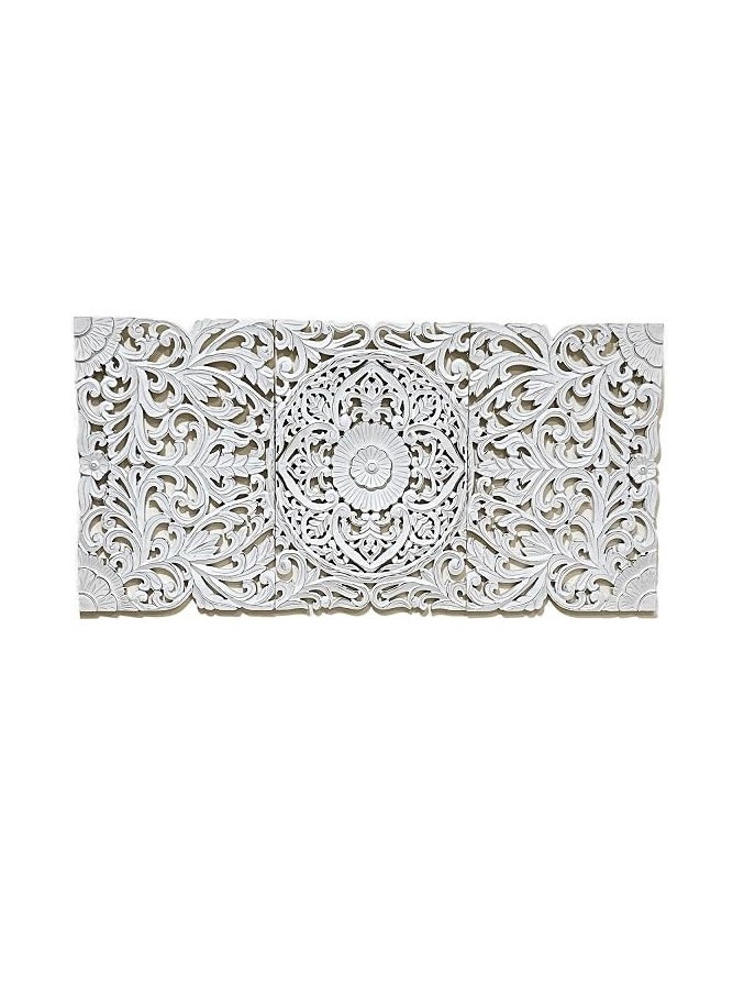 Souq DESIGNS - ديكور حائط - لوحة فنية جدارية على شكل زهور ريفية، لوحات ميدالية ماندالا مكونة من 3 قطع، فن جداري عتيق من خشب إم دي إف، منحوتة تقليدية منحوتة على شكل زهور معلقة لديكور المنزل لغرفة النوم وقاعة الطعام مقاس 120 × 60 سم - Image 1