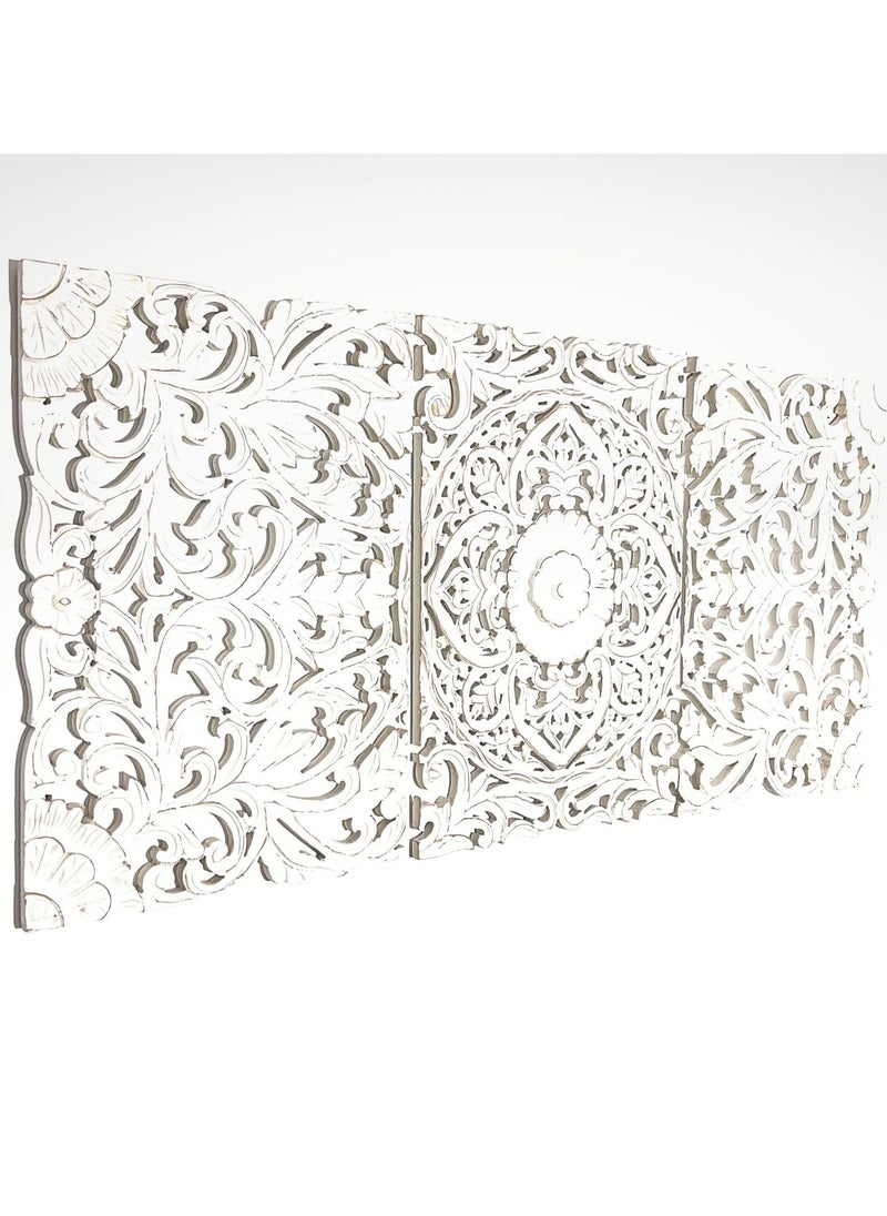 Souq DESIGNS - ديكور حائط - لوحة فنية جدارية على شكل زهور ريفية، لوحات ميدالية ماندالا مكونة من 3 قطع، فن جداري عتيق من خشب إم دي إف، منحوتة تقليدية منحوتة على شكل زهور معلقة لديكور المنزل لغرفة النوم وقاعة الطعام مقاس 120 × 60 سم - Image 1