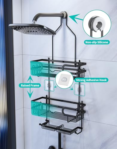 HapiRm Bathroom Hanging Shower Caddy - Rustproof & Waterproof Shower Shelf with 12 Hooks and 2 Soap Holders, No Drilling Bathroom Organizers and Storage - Black - Image 2