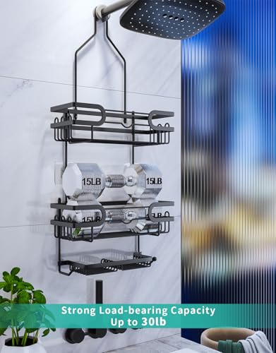 HapiRm Bathroom Hanging Shower Caddy - Rustproof & Waterproof Shower Shelf with 12 Hooks and 2 Soap Holders, No Drilling Bathroom Organizers and Storage - Black - Image 5