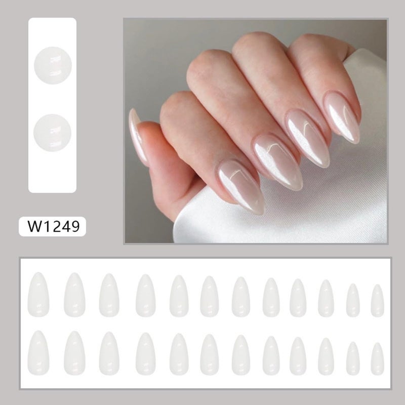 CTTHNBD Press on Nails Almond - Medium Fake Nails with Aurora Design - White Full Cover Stick on False Nails - for Women 24 Pcs - Image 2