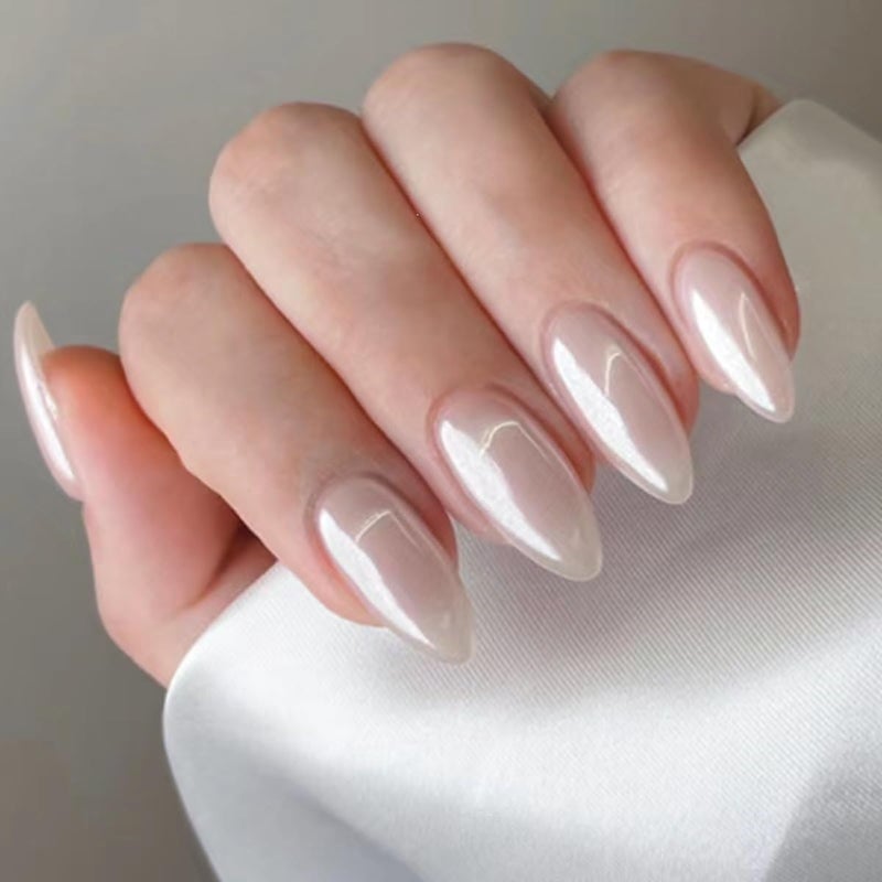 CTTHNBD Press on Nails Almond - Medium Fake Nails with Aurora Design - White Full Cover Stick on False Nails - for Women 24 Pcs - Image 1