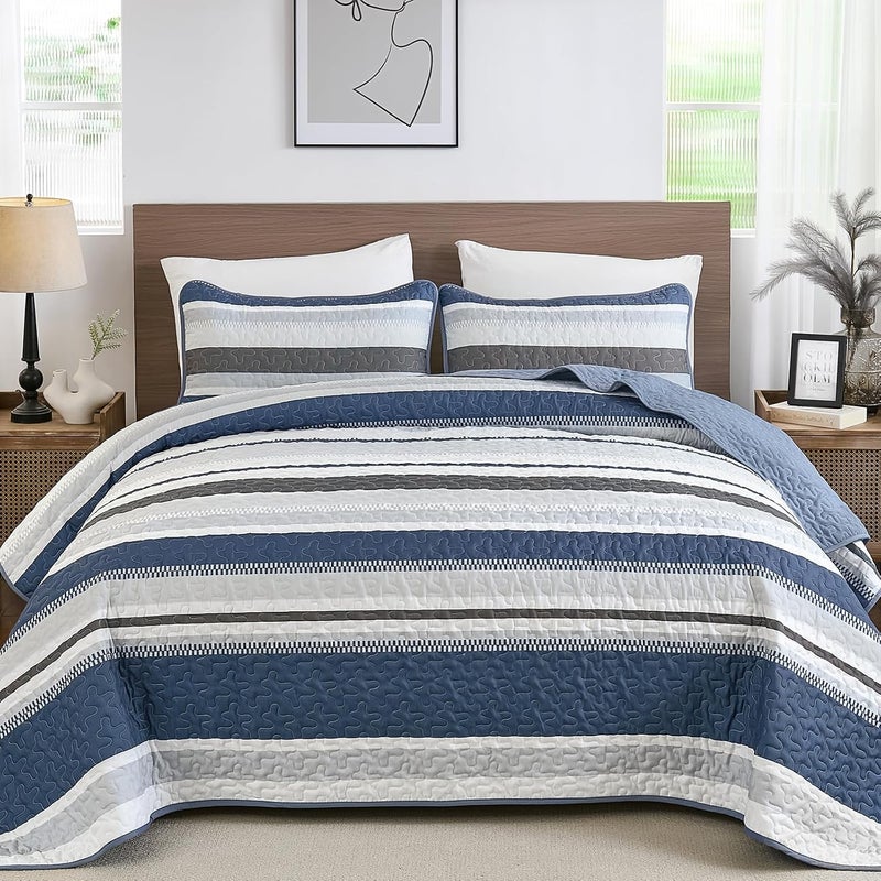 WONGS BEDDING مجموعة بطانيات من WONGS لحجم كينغ سايز، بطانية بلون أزرق بحري، مجموعات أغطية صيفية، تتكون من 3 قطع، بطانيات خفيفة الوزن، مقاس 110" × 90". - Image 2