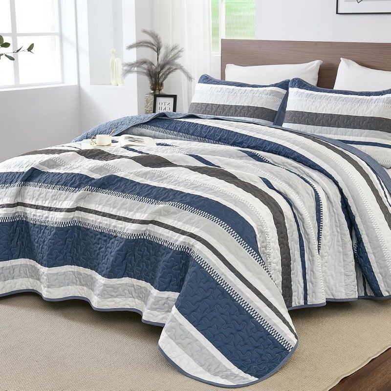WONGS BEDDING مجموعة بطانيات من WONGS لحجم كينغ سايز، بطانية بلون أزرق بحري، مجموعات أغطية صيفية، تتكون من 3 قطع، بطانيات خفيفة الوزن، مقاس 110" × 90". - Image 1