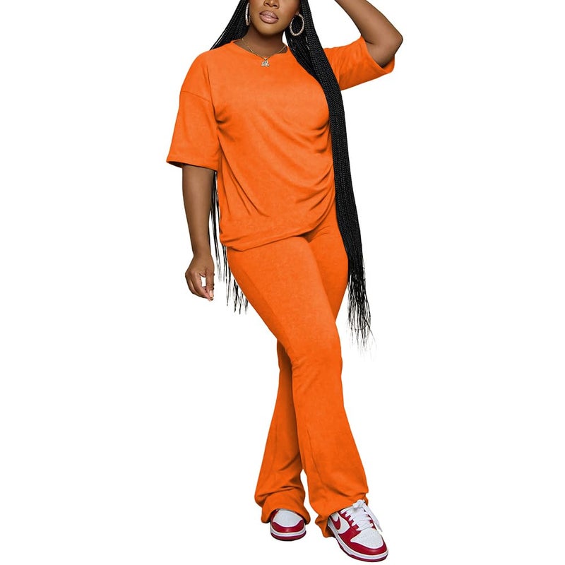 PINSV Womens Sets 2 Piece Outfits Casual Short Sleeve Top and Flare Pants Lounge Sets Tracksuit Orange XXL - Image 1