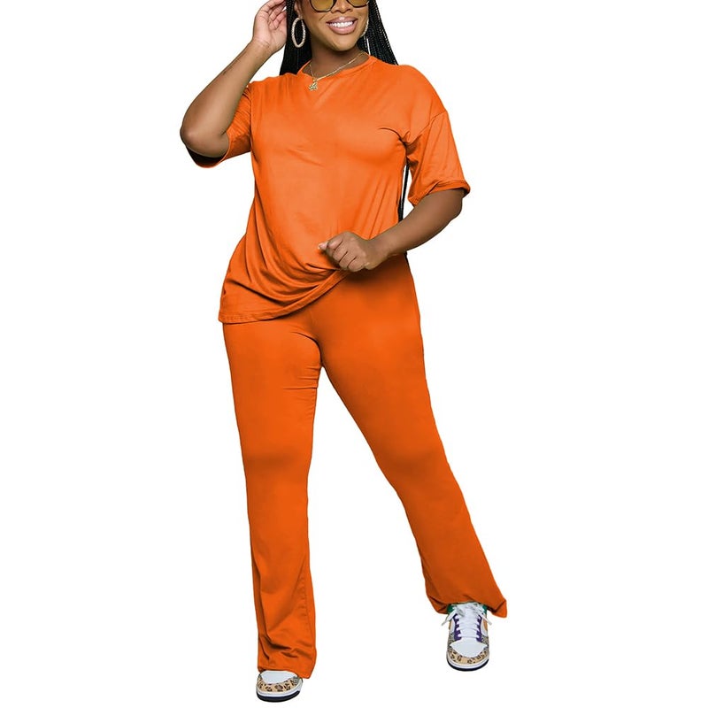 PINSV Womens Sets 2 Piece Outfits Casual Short Sleeve Top and Flare Pants Lounge Sets Tracksuit Orange XXL - Image 5