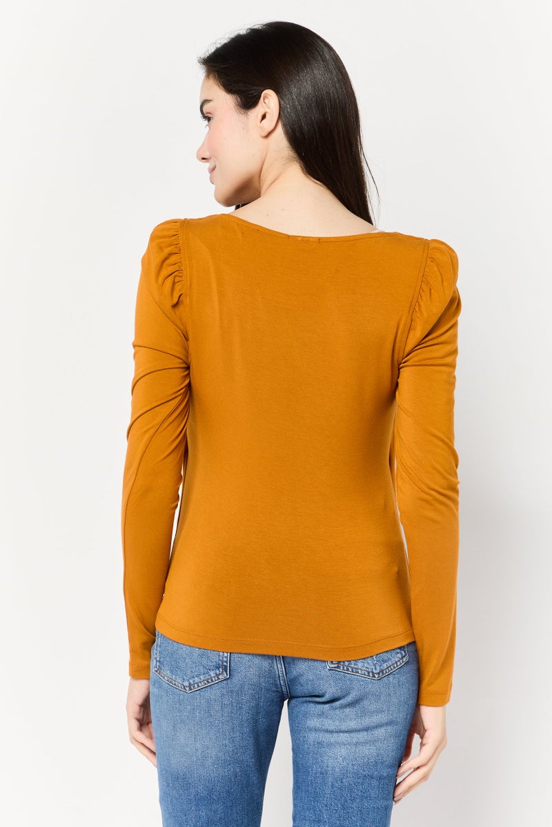 Scotch & Soda Women Square Neck Long Sleeve Solid Blouse, Brown  - Image 4