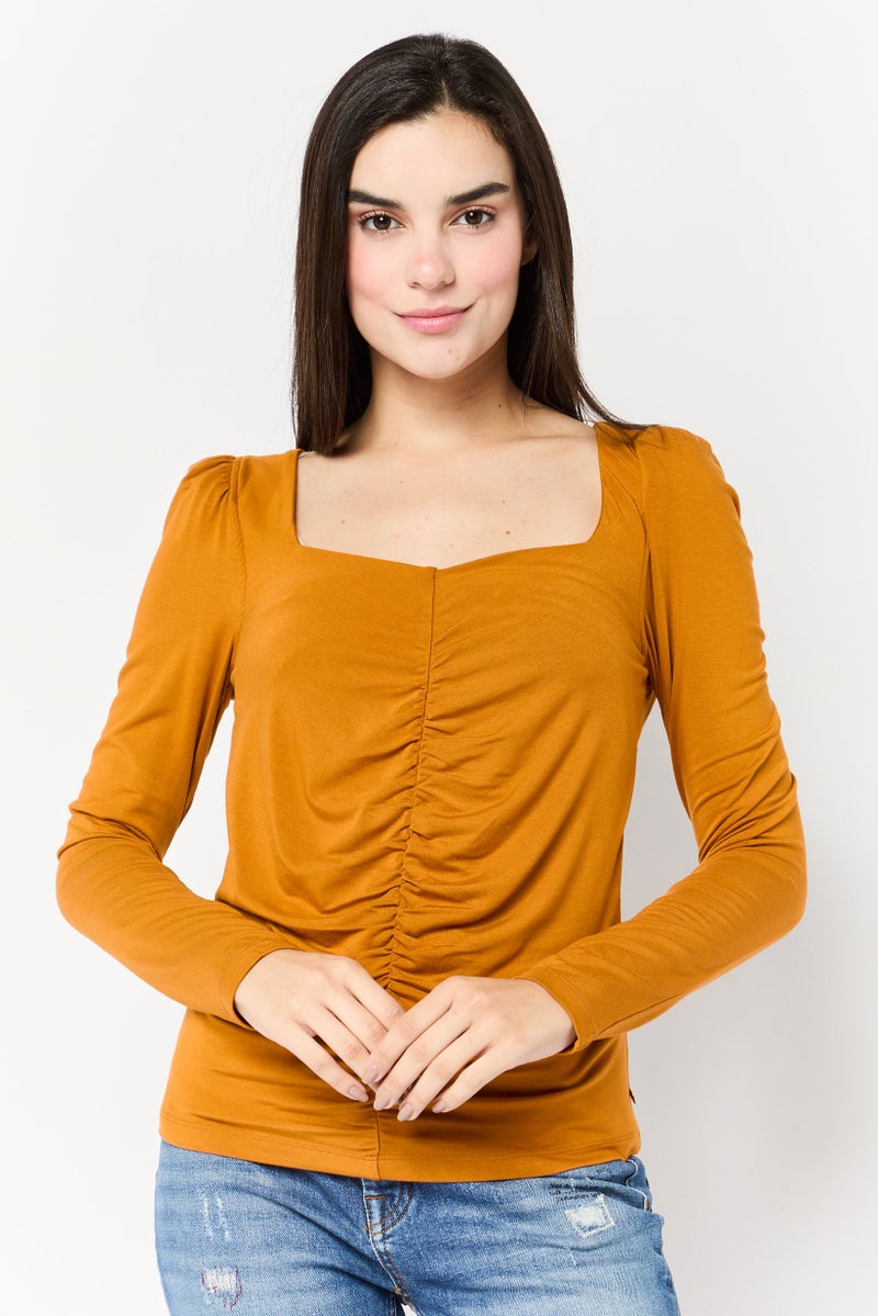Scotch & Soda Women Square Neck Long Sleeve Solid Blouse, Brown  - Image 1