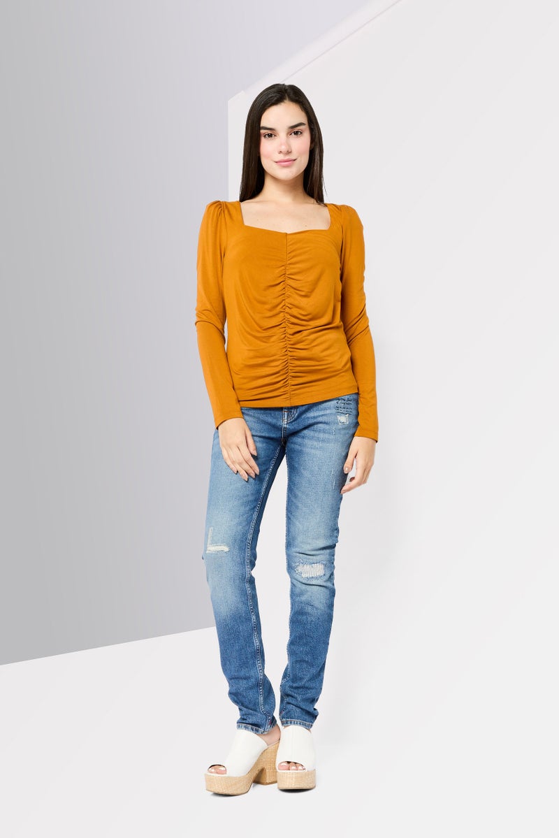 Scotch & Soda Women Square Neck Long Sleeve Solid Blouse, Brown  - Image 2
