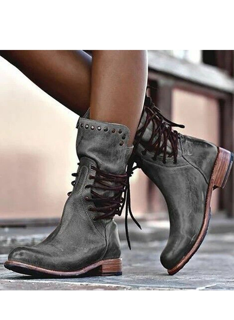 Loquat Womens Rivet Lace Up Rear Zipper Boots Vintage Boots Grey  - Image 1