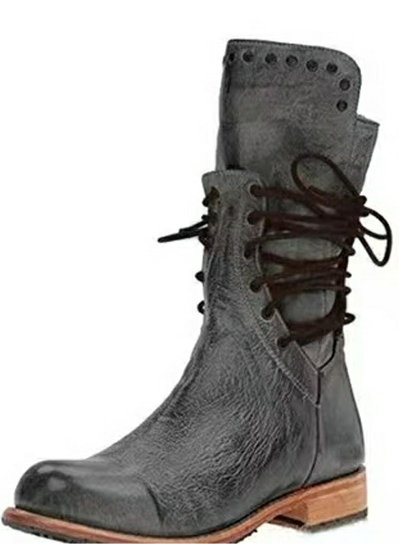 Loquat Womens Rivet Lace Up Rear Zipper Boots Vintage Boots Grey  - Image 2