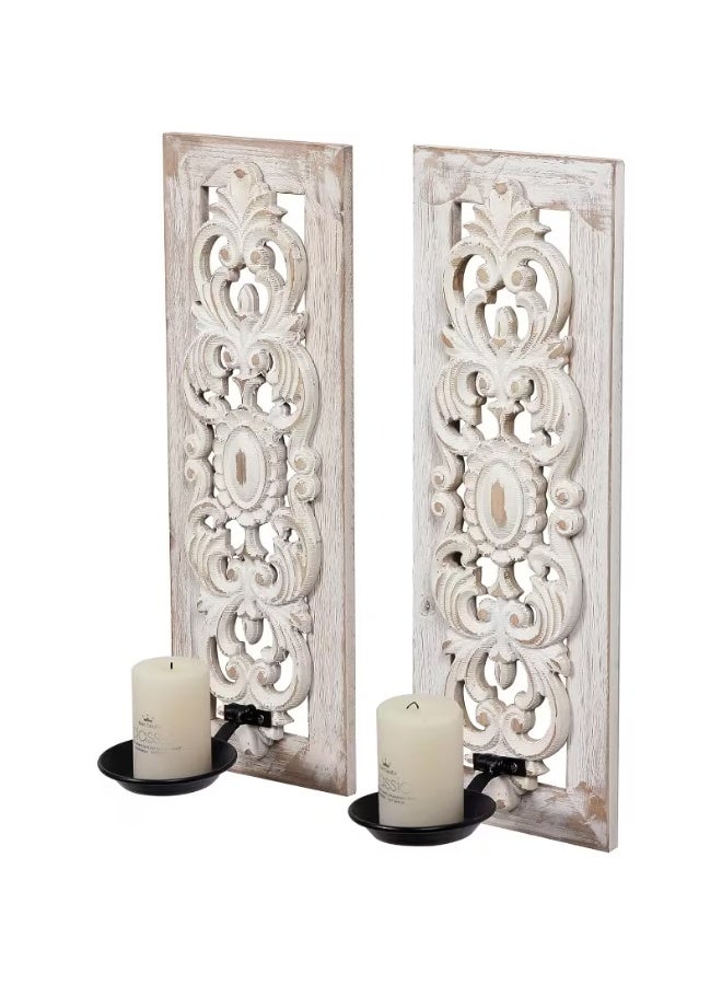 إيروريكس طقم حاملين شموع جداريين بتصميم منقوش وتشطيب خشبي معتّق، مثالي للديكور الريفي في غرف المعيشة وغرف النوم أو الممرات - Image 4