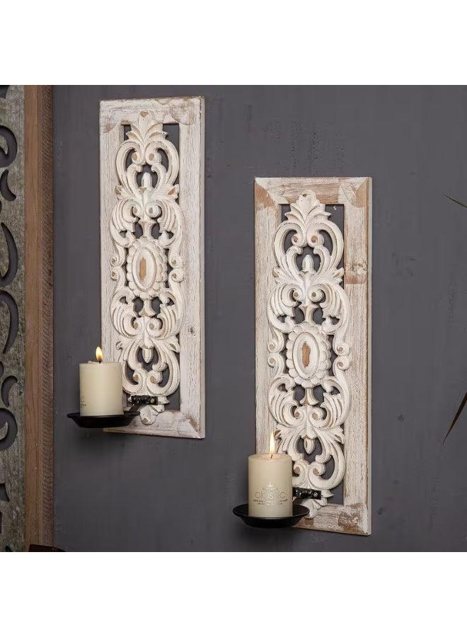إيروريكس طقم حاملين شموع جداريين بتصميم منقوش وتشطيب خشبي معتّق، مثالي للديكور الريفي في غرف المعيشة وغرف النوم أو الممرات - Image 5