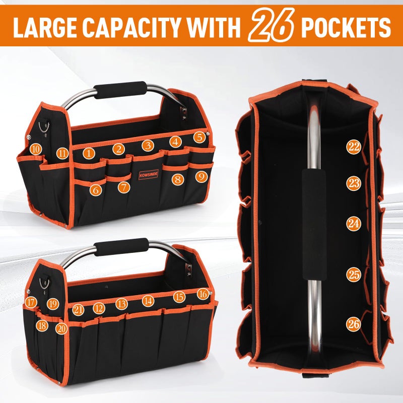 Kowsinde 16 Inch Tool Bag, Electrician Tool Bag, Open Top Tool Bags, 26 Pockets Can Hold Many Tools, Steel Handle and Removable Shoulder Strap - Image 4