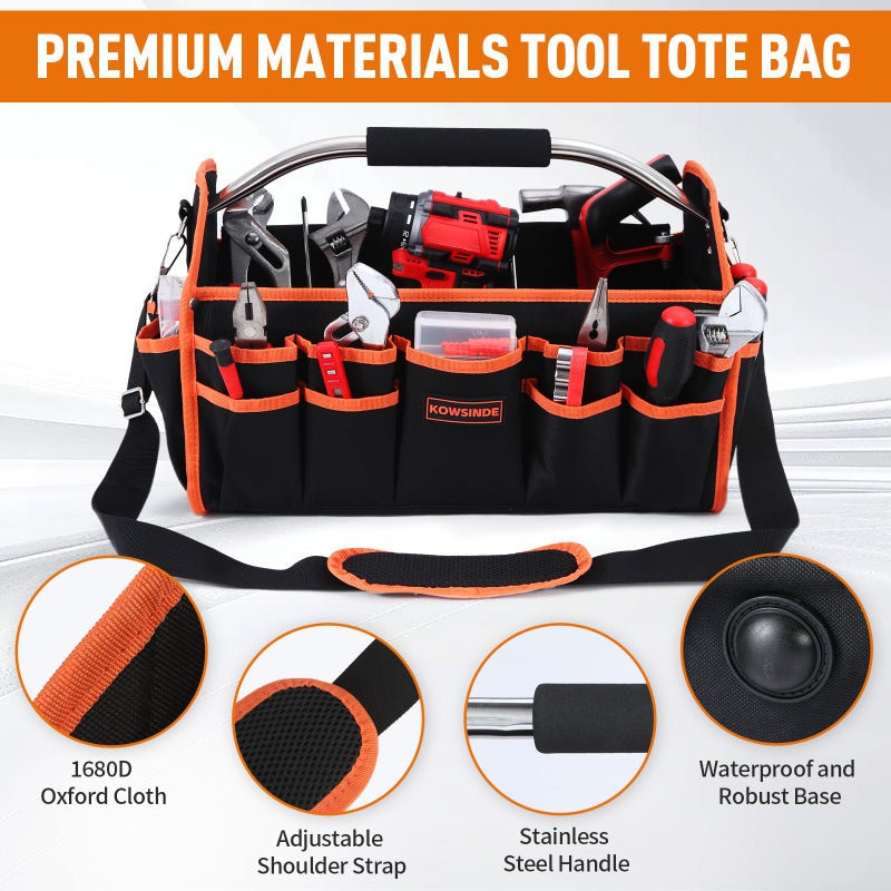 Kowsinde 16 Inch Tool Bag, Electrician Tool Bag, Open Top Tool Bags, 26 Pockets Can Hold Many Tools, Steel Handle and Removable Shoulder Strap - Image 3