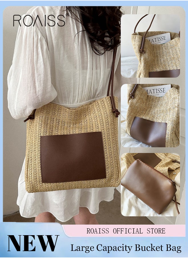 roaiss - Women Woven Tote Bag Large Capacity Shoulder Crossbody Bag Retro Style Woven Craft Beach Bag Woven Basket Bags - Image 1