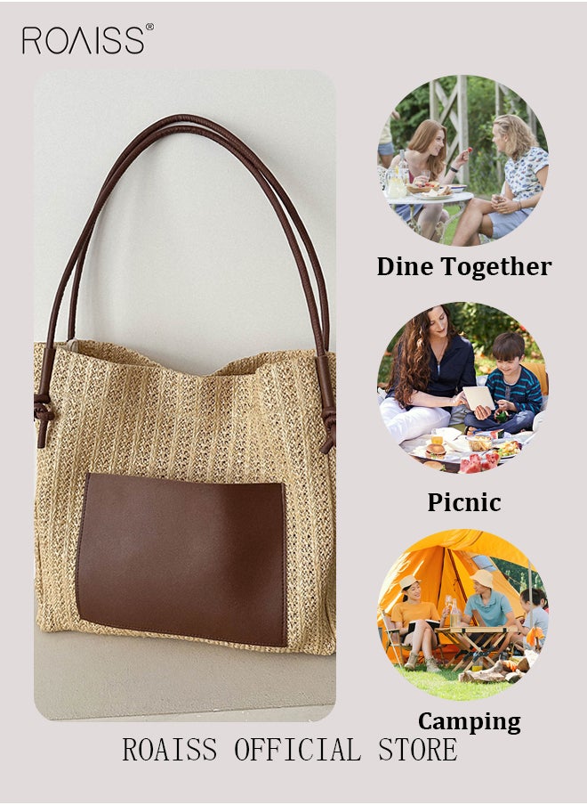 roaiss - Women Woven Tote Bag Large Capacity Shoulder Crossbody Bag Retro Style Woven Craft Beach Bag Woven Basket Bags - Image 1