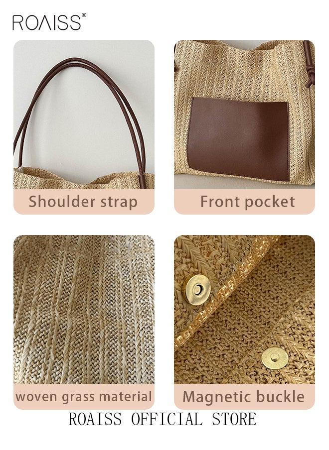 roaiss - Women Woven Tote Bag Large Capacity Shoulder Crossbody Bag Retro Style Woven Craft Beach Bag Woven Basket Bags - Image 1
