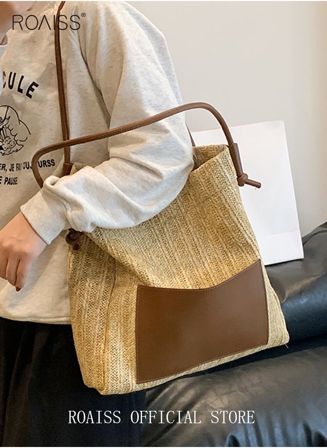 roaiss - Women Woven Tote Bag Large Capacity Shoulder Crossbody Bag Retro Style Woven Craft Beach Bag Woven Basket Bags - Image 1
