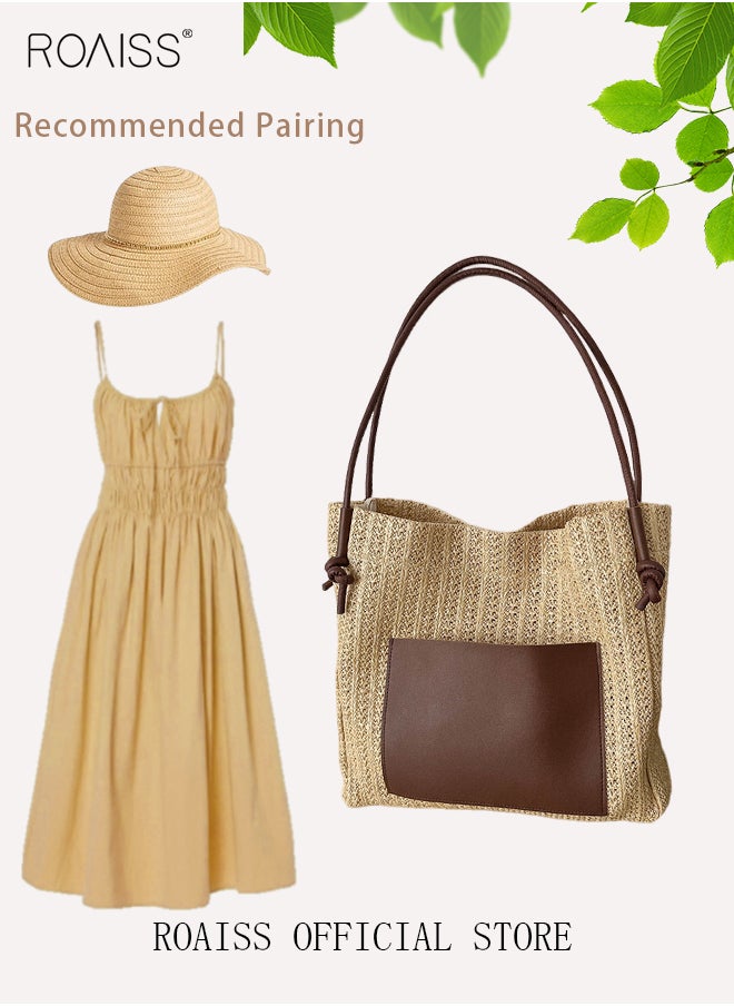 roaiss - Women Woven Tote Bag Large Capacity Shoulder Crossbody Bag Retro Style Woven Craft Beach Bag Woven Basket Bags - Image 1