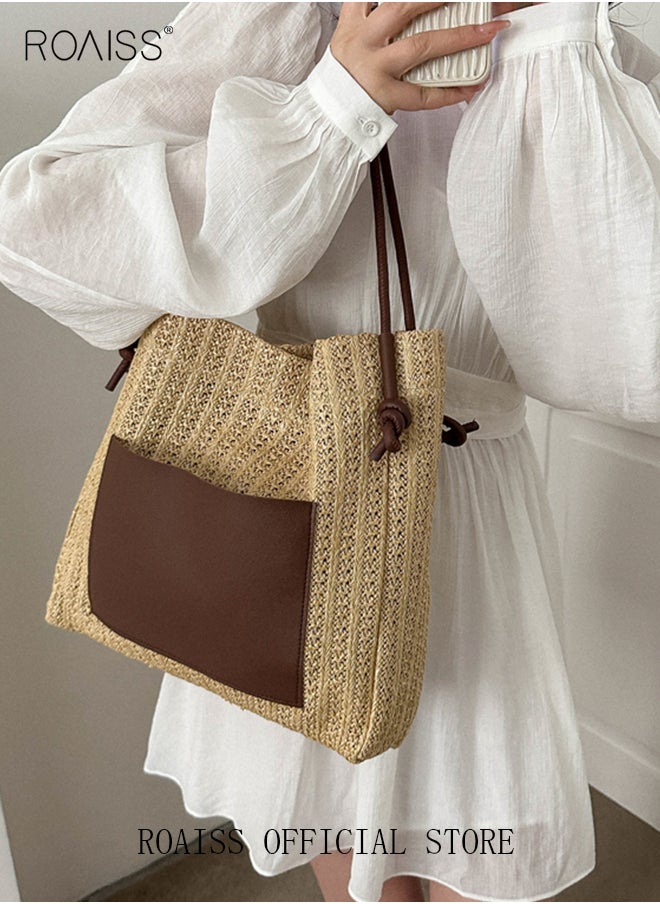 roaiss - Women Woven Tote Bag Large Capacity Shoulder Crossbody Bag Retro Style Woven Craft Beach Bag Woven Basket Bags - Image 1