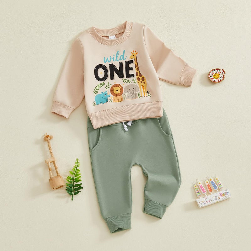 BULINGNA 2Pcs Baby Boy First Birthday Outfit Long Sleeve Wild One Animals Sweatshirt Casual Pants Fall 1st Birthday Clothes (Beige Green, 12-18 Months) - Image 4