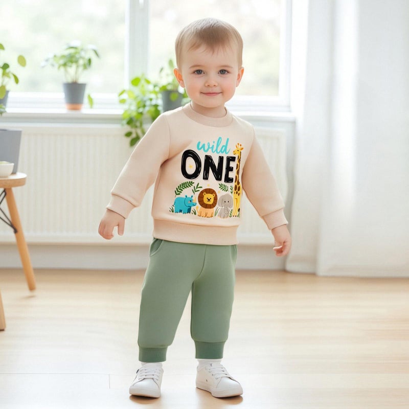BULINGNA 2Pcs Baby Boy First Birthday Outfit Long Sleeve Wild One Animals Sweatshirt Casual Pants Fall 1st Birthday Clothes (Beige Green, 12-18 Months) - Image 2