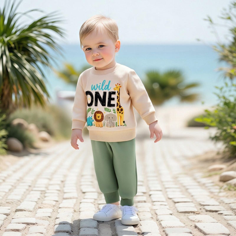 BULINGNA 2Pcs Baby Boy First Birthday Outfit Long Sleeve Wild One Animals Sweatshirt Casual Pants Fall 1st Birthday Clothes (Beige Green, 12-18 Months) - Image 3