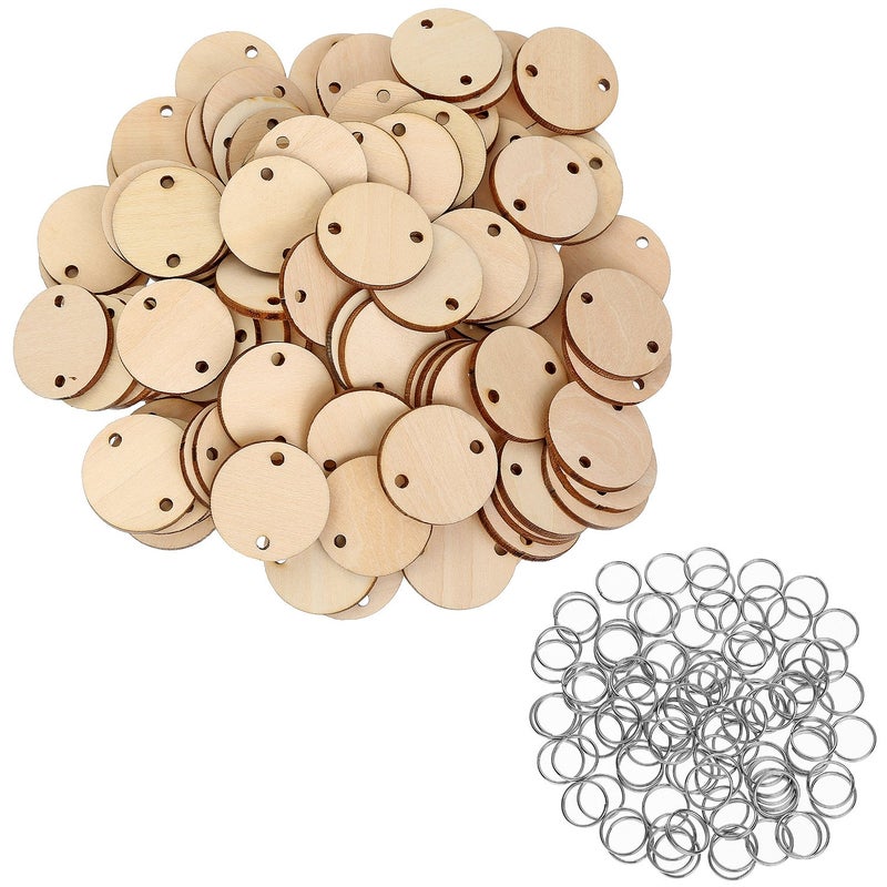 Bememo Bememo 100 Pieces Round Wooden Discs with Holes Birthday Board Tags and 100 Pieces 15 mm Rings for Arts and Crafts 38CM
