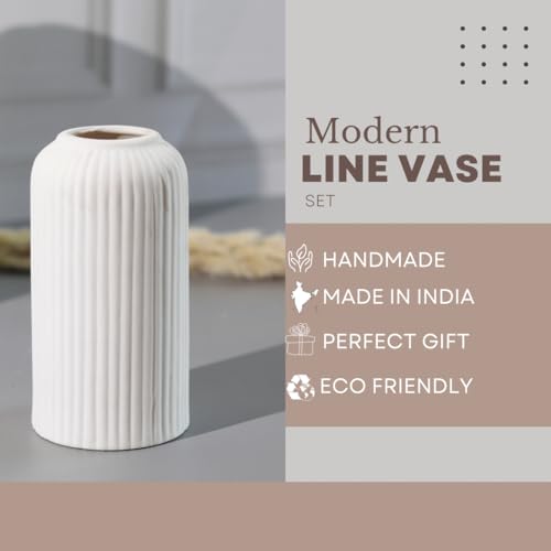 Craftribal's Modern White Ceramic Flower Vase(10 Inches) for Living Room, Flower Pots for Home Decoration, Home Decor, Line Vase,Ribbed Vase - Image 4
