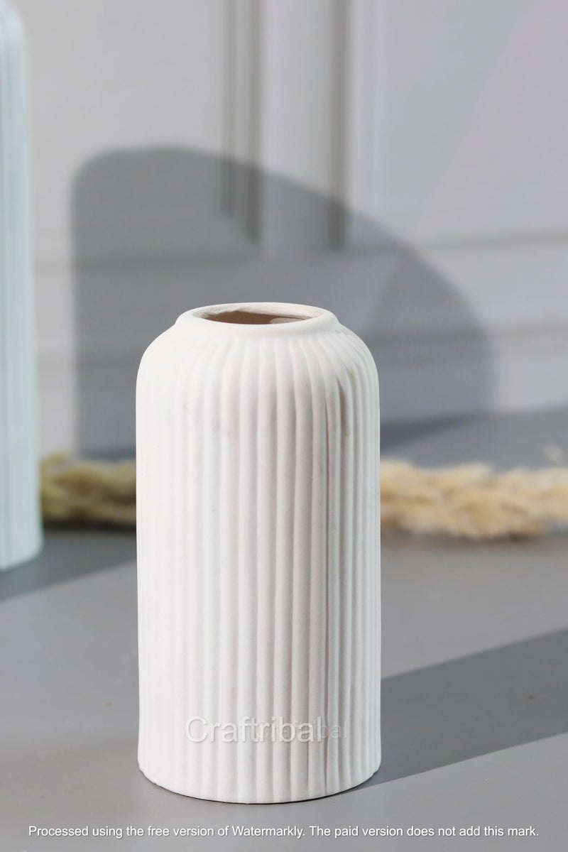 Craftribal's Modern White Ceramic Flower Vase(10 Inches) for Living Room, Flower Pots for Home Decoration, Home Decor, Line Vase,Ribbed Vase - Image 2