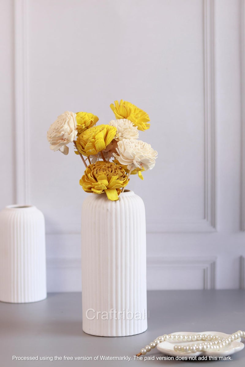 Craftribal's Modern White Ceramic Flower Vase(10 Inches) for Living Room, Flower Pots for Home Decoration, Home Decor, Line Vase,Ribbed Vase - Image 1