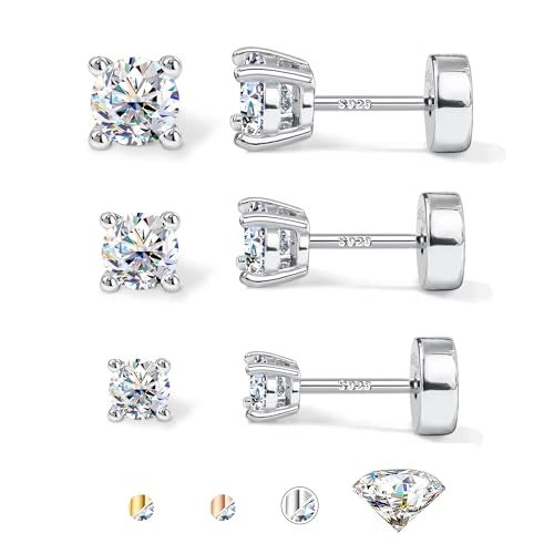 GEMQUEEN 3 Pairs Moissanite Earrings Studs 14K Gold Plated S925 Sterling Silver Flat Back Earring for Women Men - Hypoallergenic Set Cartilage Helix Piercing Jewelry D Color VVS1 1.8CT - Image 1