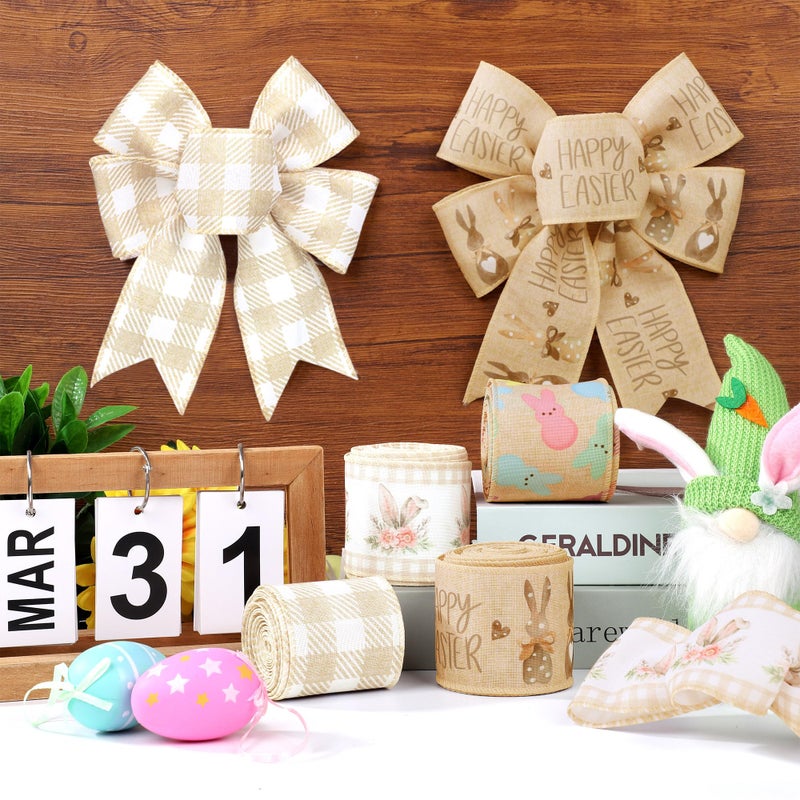 peony man Easter Wired Edge Ribbon Farmhouse Bunny Burlap Ribbons 2.5" Plaid Rustic Peeps Wired Ribbon for Easter Holiday Gift Wrapping Wreath Bow Decor DIY Craft, 24 Yards - Image 4