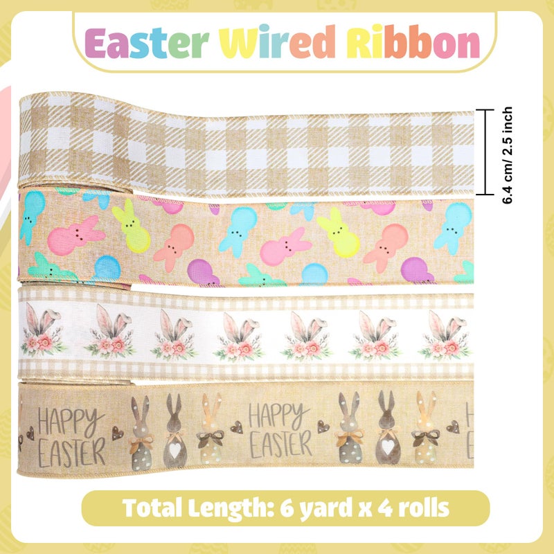peony man Easter Wired Edge Ribbon Farmhouse Bunny Burlap Ribbons 2.5" Plaid Rustic Peeps Wired Ribbon for Easter Holiday Gift Wrapping Wreath Bow Decor DIY Craft, 24 Yards - Image 2