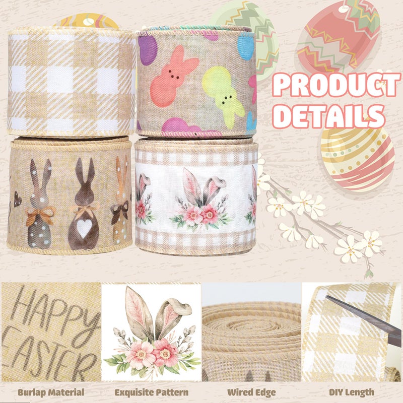 peony man Easter Wired Edge Ribbon Farmhouse Bunny Burlap Ribbons 2.5" Plaid Rustic Peeps Wired Ribbon for Easter Holiday Gift Wrapping Wreath Bow Decor DIY Craft, 24 Yards - Image 3