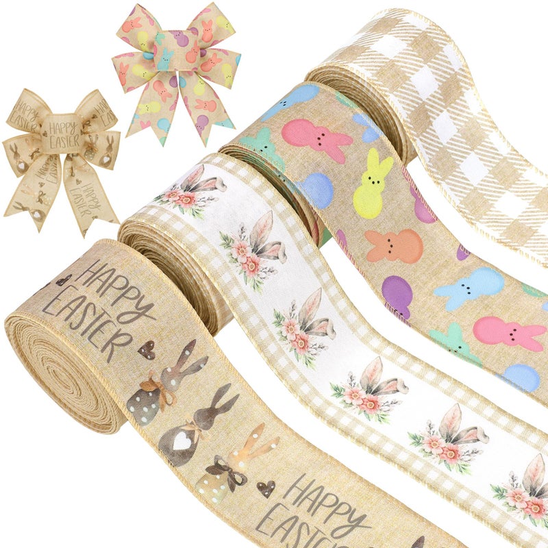 peony man Easter Wired Edge Ribbon Farmhouse Bunny Burlap Ribbons 2.5" Plaid Rustic Peeps Wired Ribbon for Easter Holiday Gift Wrapping Wreath Bow Decor DIY Craft, 24 Yards - Image 1