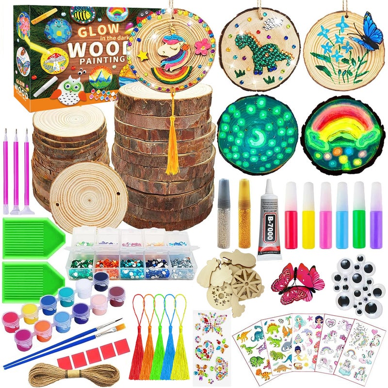 Capstro Glow in The Dark Wooden Painting Craft Kit for Kids – 24PCS DIY Wood Slice Art Set with Paints, Glow Pens, Diamond Stickers, Brushes, Hanging Strings & Creative Gift for Girls – Glow Wood Painting Kit - Image 1