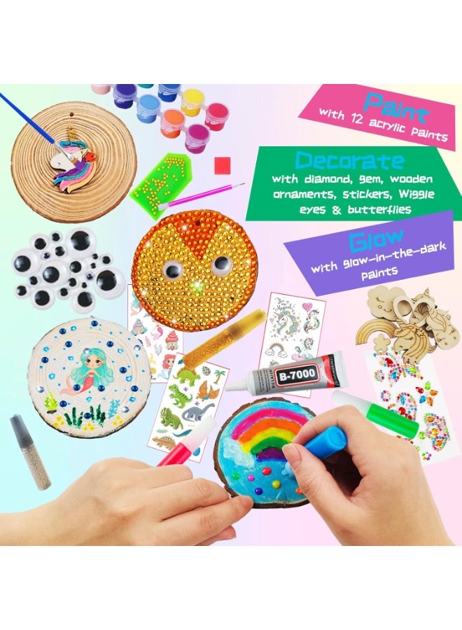 Capstro Glow in The Dark Wooden Painting Craft Kit for Kids – 24PCS DIY Wood Slice Art Set with Paints, Glow Pens, Diamond Stickers, Brushes, Hanging Strings & Creative Gift for Girls – Glow Wood Painting Kit - Image 5