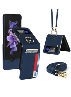KASTWAVE Case for Galaxy Z Flip 3 5G, Compatible with Samsung Z Flip 3(2021) Leather Wallet Case, Adjustable Crossbody Lanyard Durable Card Slots Ultra Slim Luxury Cover for Samsung Galaxy Z Flip 3 (Navy Blue)  - Image 1