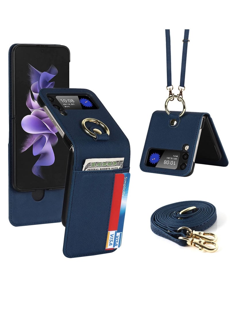 KASTWAVE Case for Galaxy Z Flip 3 5G, Compatible with Samsung Z Flip 3(2021) Leather Wallet Case, Adjustable Crossbody Lanyard Durable Card Slots Ultra Slim Luxury Cover for Samsung Galaxy Z Flip 3 (Navy Blue) - Image 1